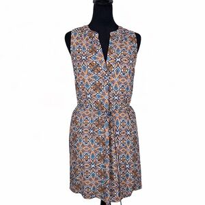 LOFT Sleeveless Geometric Print Dress XS | Tie Waist Multicolor Medallion Rayon